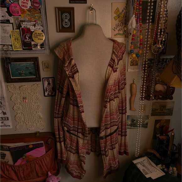Y2K Striped Belted Sweater Cardigan Women's Large Pink Chevron Hooded Wool Blend - Picture 2 of 8